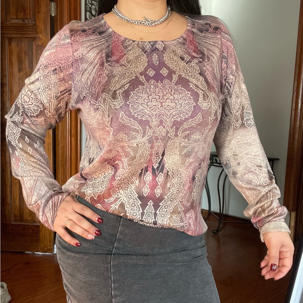 ONE WORLD Paisley Long Sleeve Top in Pink and Cream